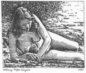 liegendes Mädchen am Strand (Federzeichnung)